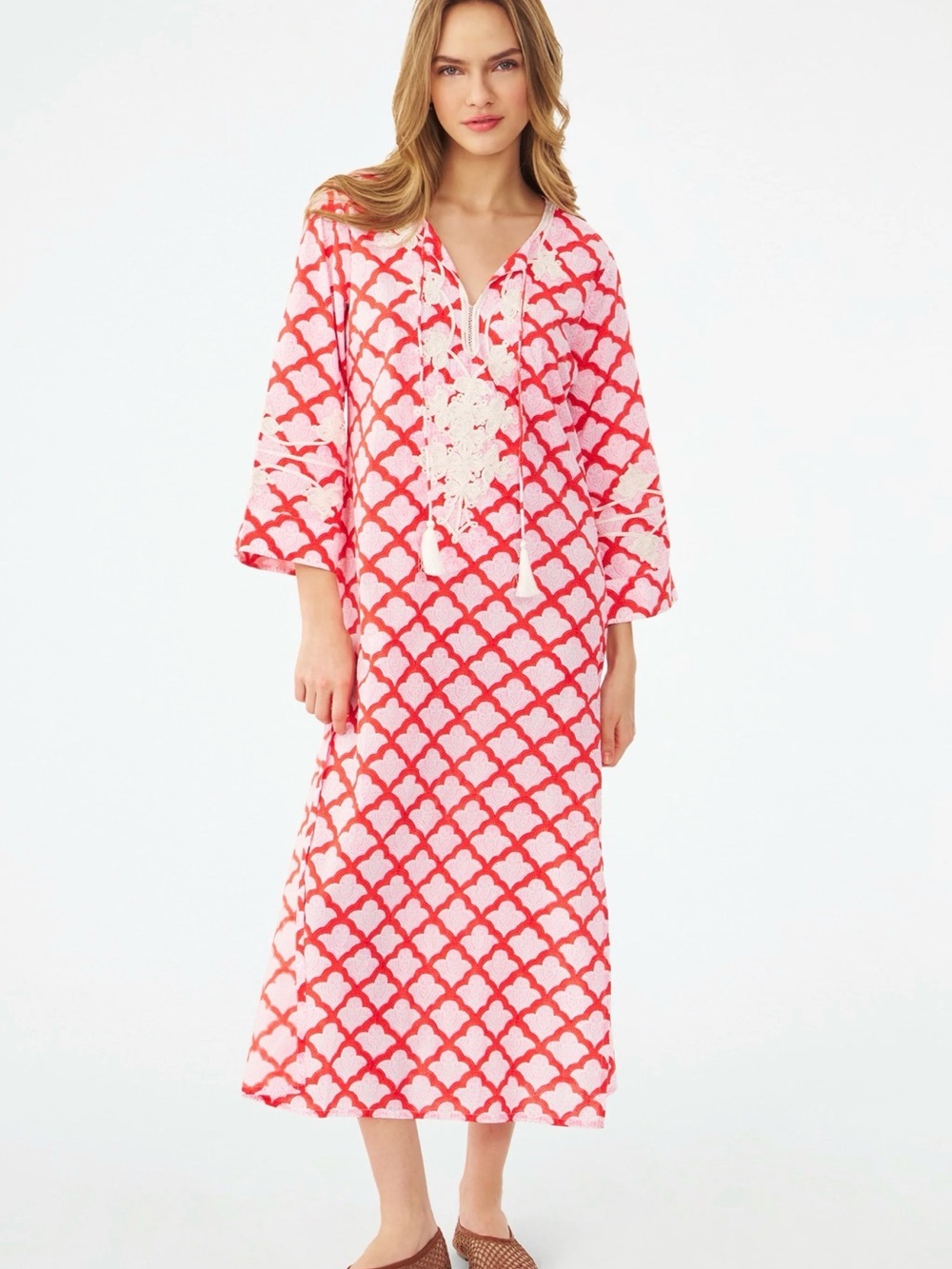 Roller Rabbit Jemina Punta Long Kurta Pink & White Printed Kaftan NEW